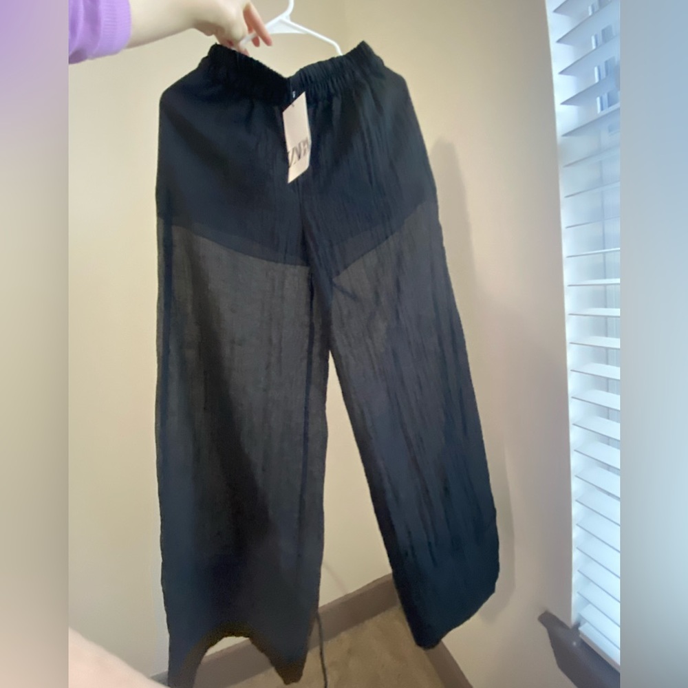 Zara Black Semi-sheer Minimalist Wide Leg Palazzo Pants Elastic waist XS NWT - Picture 11 of 15